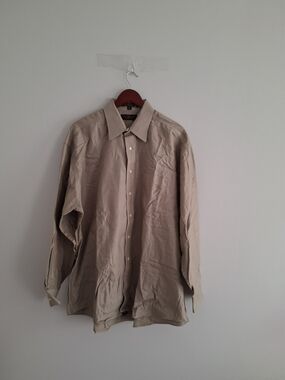 Men's Long Sleeve Button-Up Shirt - Beige Upcycle Rework